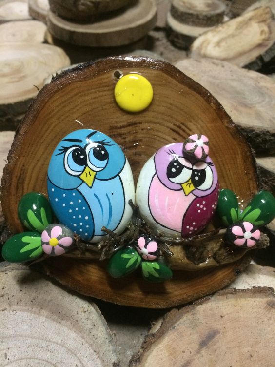 Adorable Owl Couple Pebble Art