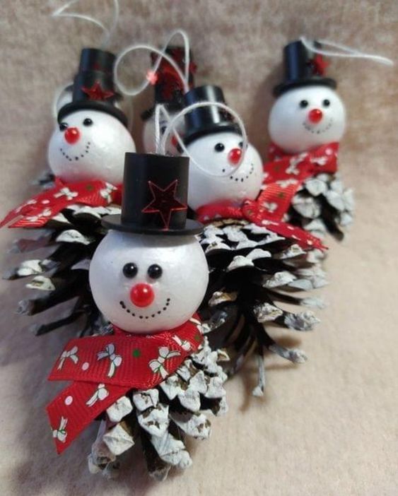 Cheerful Pine Cone Snowman Ornaments