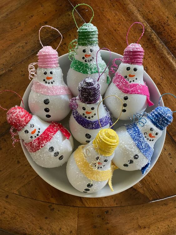 Colorful Light Bulb Snowman Ornaments