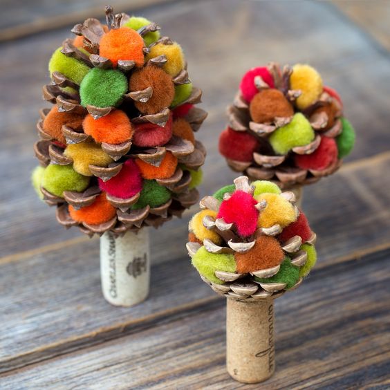 Colorful Pom-Pom Pine Cone Trees