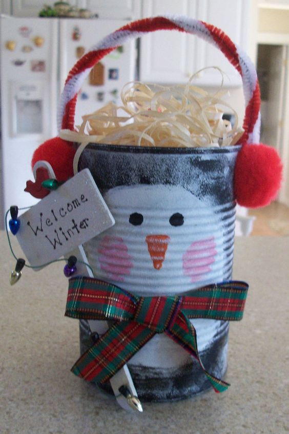 Festive Tin Can Snowman Holder