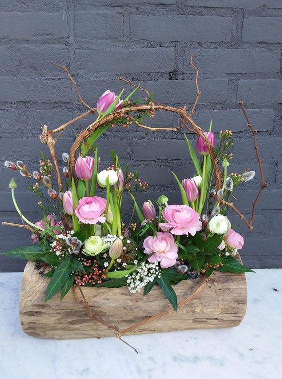 Rustic Floral Log Arrangement