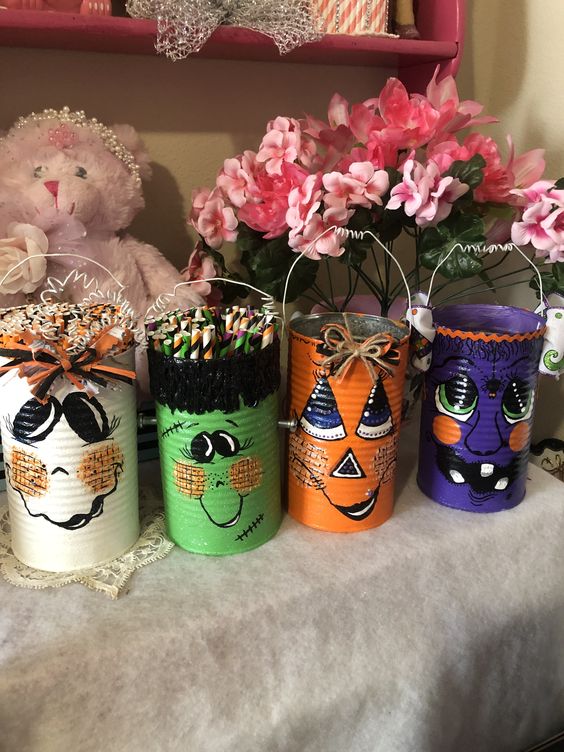 Whimsical Tin Can Halloween Holders