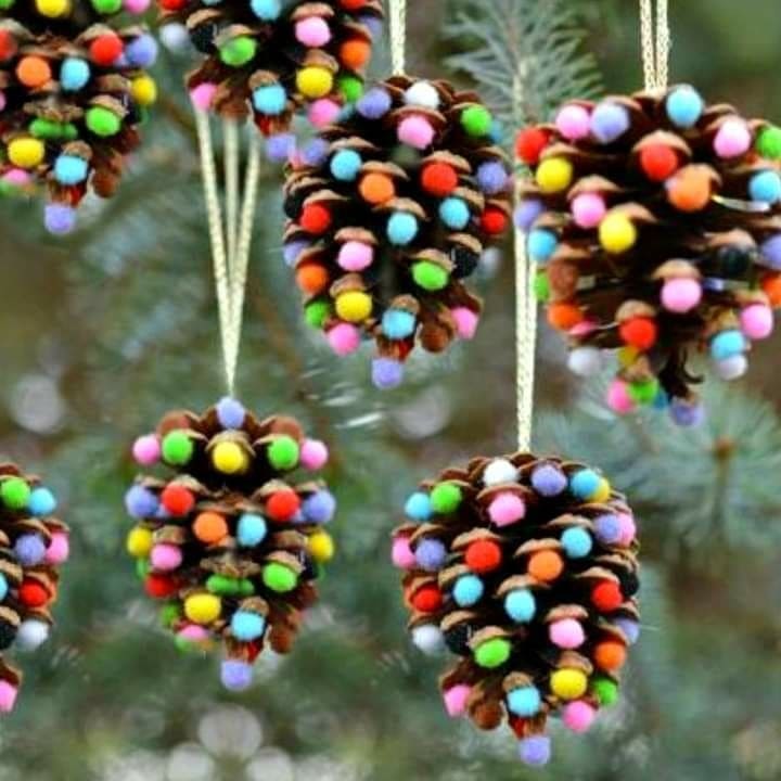 Colorful Pom-Pom Pine Cone Ornaments