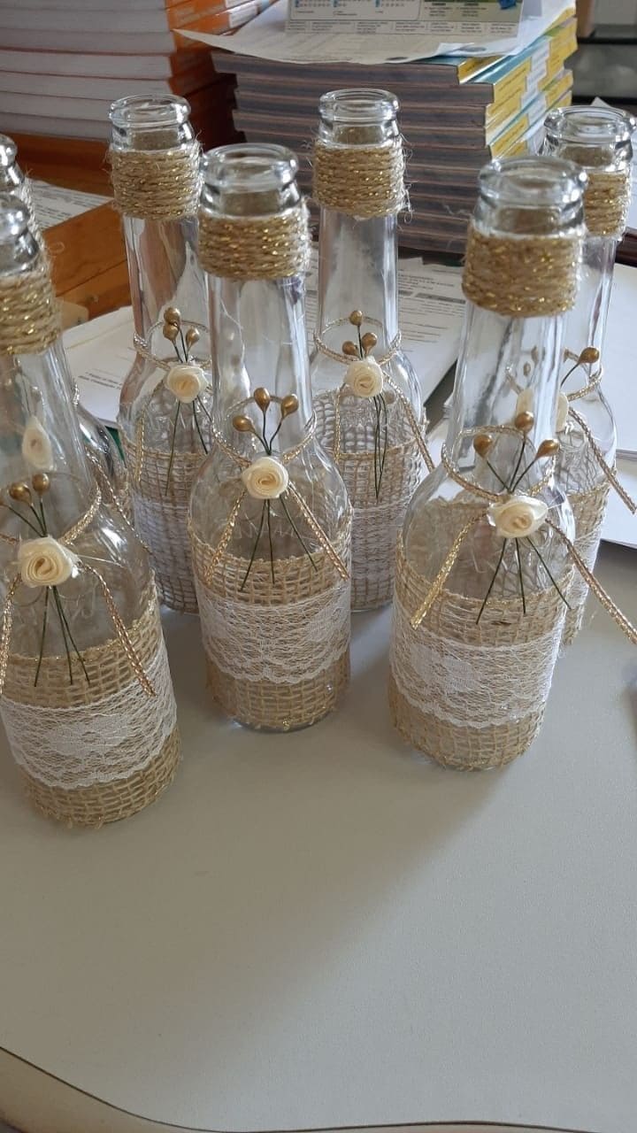 Burlap and Lace Bottle Decor