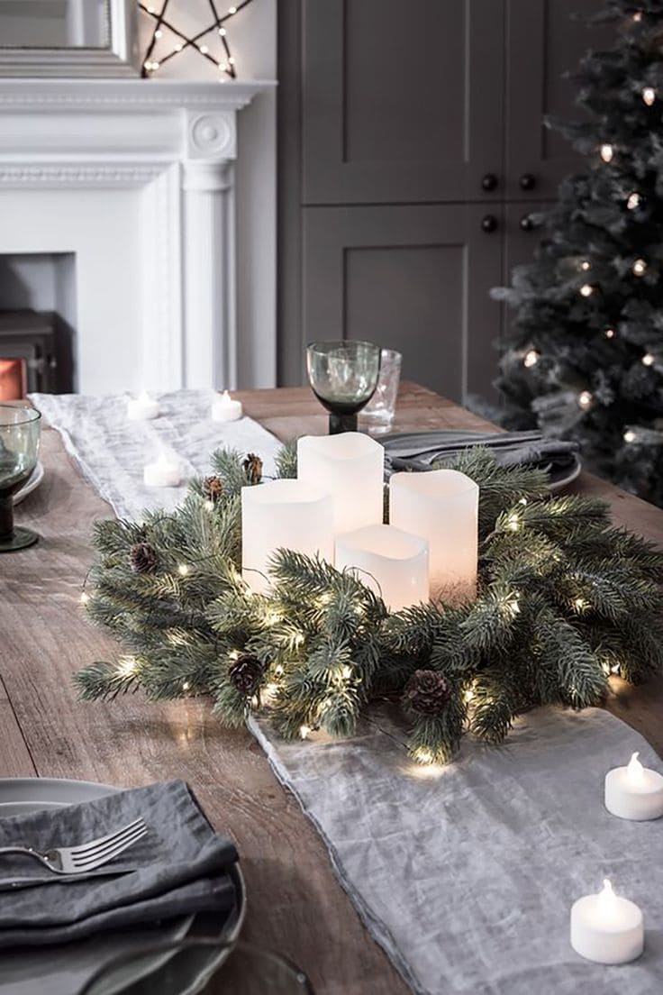 Candlelit Evergreen Table Centerpiece