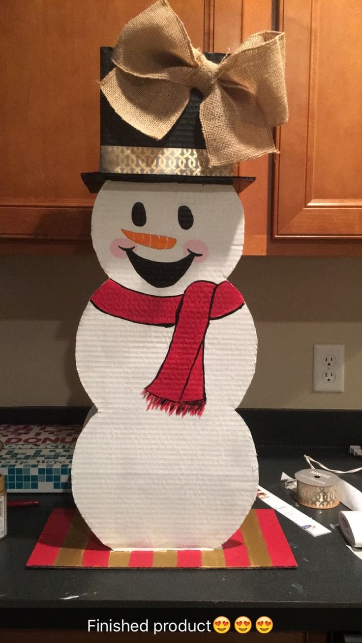 Cheerful Cardboard Snowman with Burlap Bow