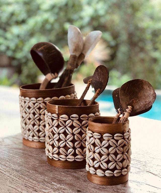 Coconut Shell Utensil Holders with Seashell Accents