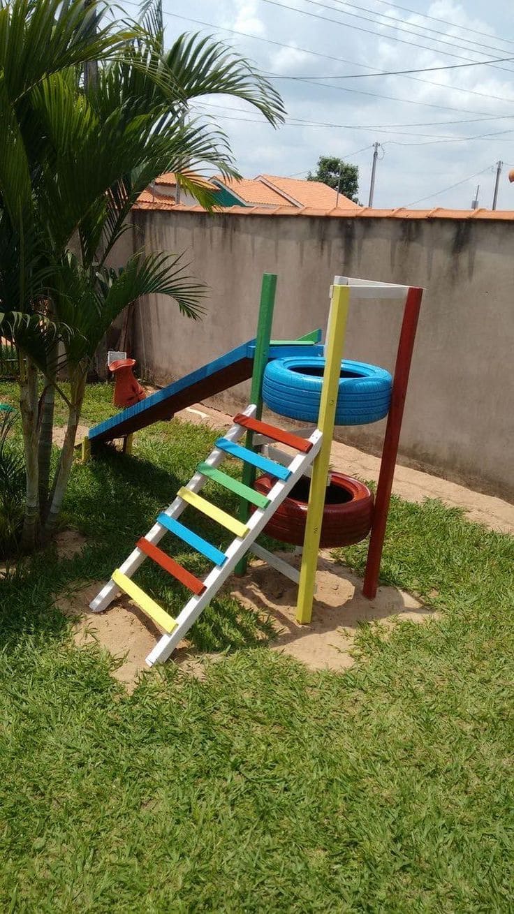 Colorful Tire Climber and Slide Fun