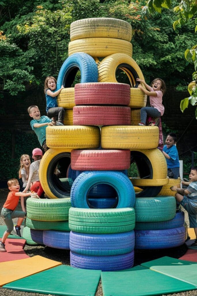 Colorful Tire Tower for Climbing Fun