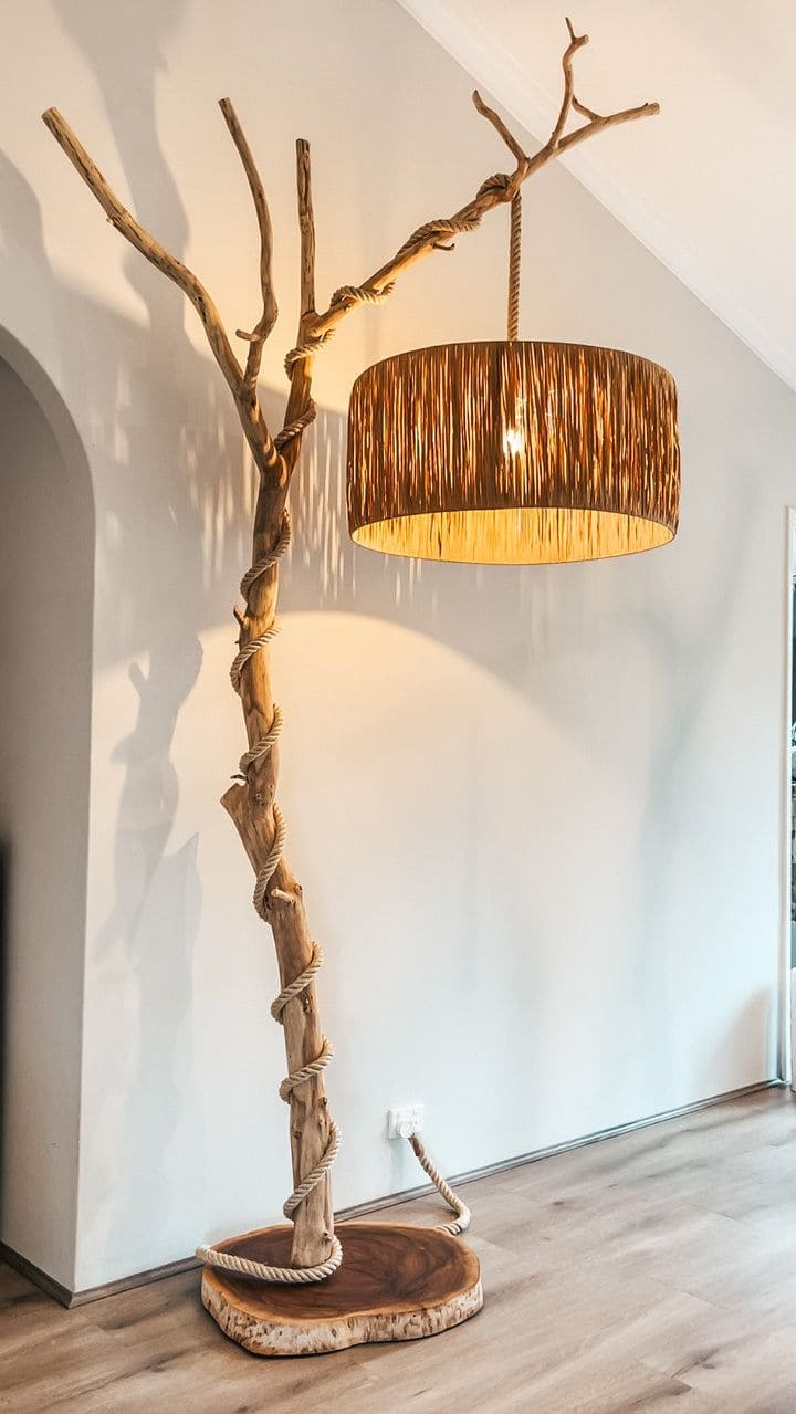 Elegant Rustic Rope-Wrapped Tree Lamp