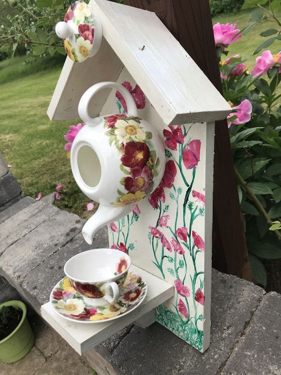 Floral Teapot Birdhouse with Matching Saucer