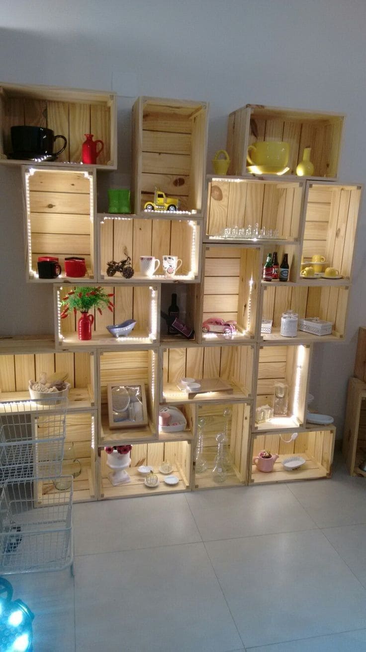 Illuminated DIY Wooden Crate Display Shelves