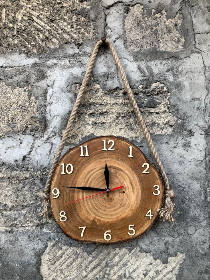 Natural Rope-Hung Wooden Slice Clock