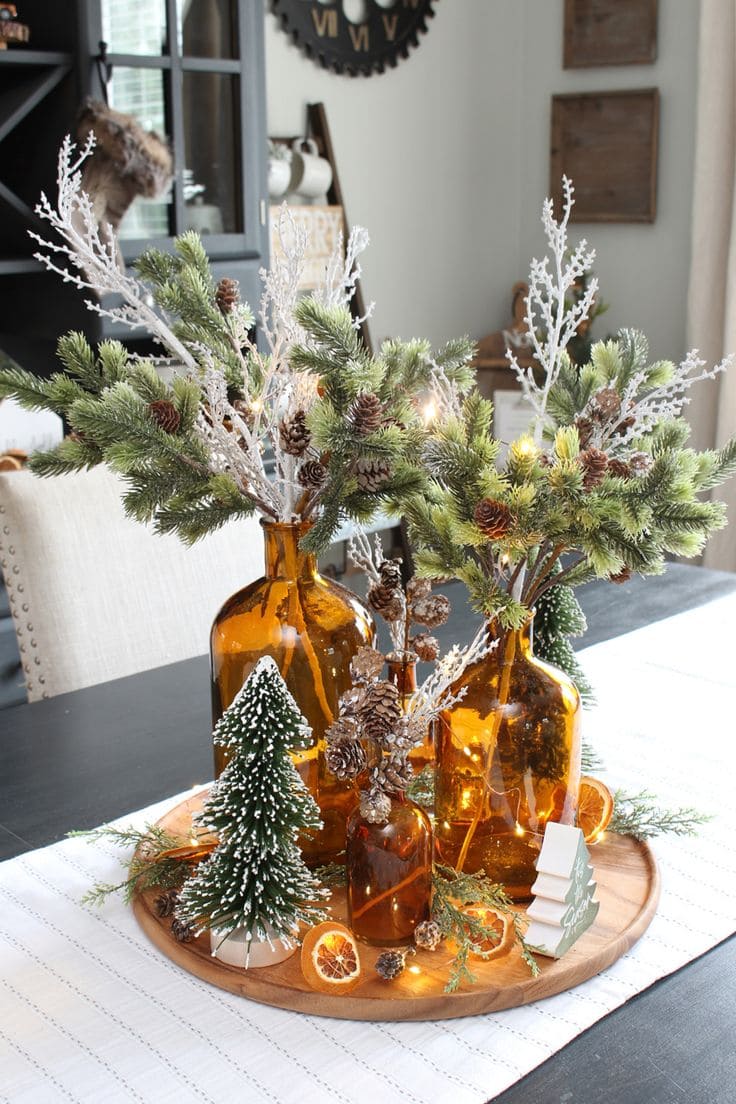 Rustic Amber Bottle Christmas Table Decor