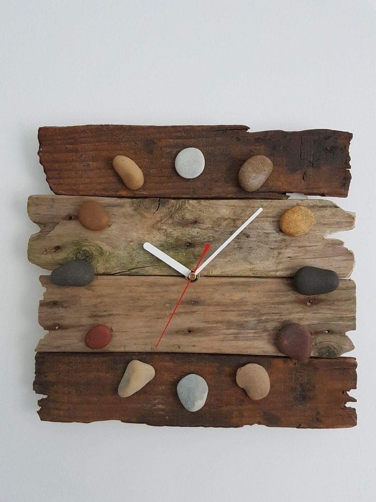 Rustic Driftwood and Stone Clock Design