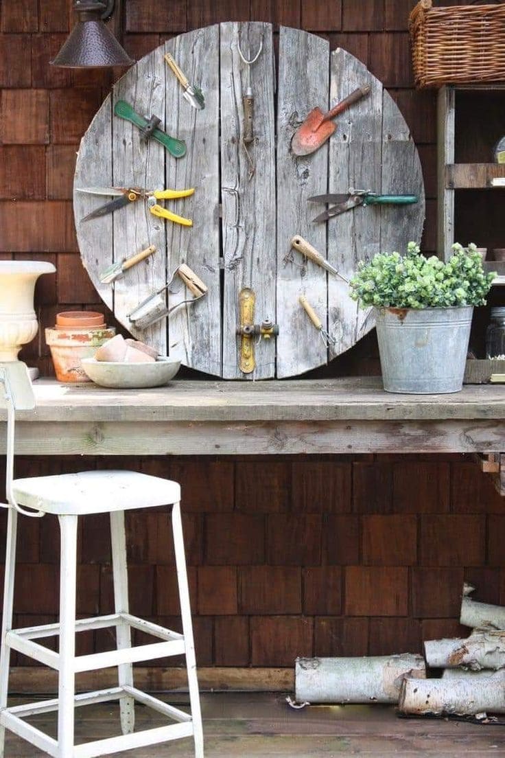 Rustic Garden Tool Wall Clock Design