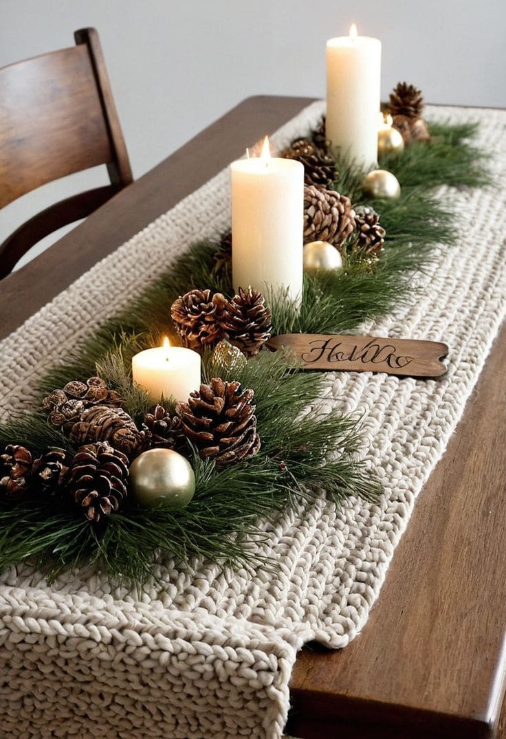 Rustic Pinecone and Candle Table Runner