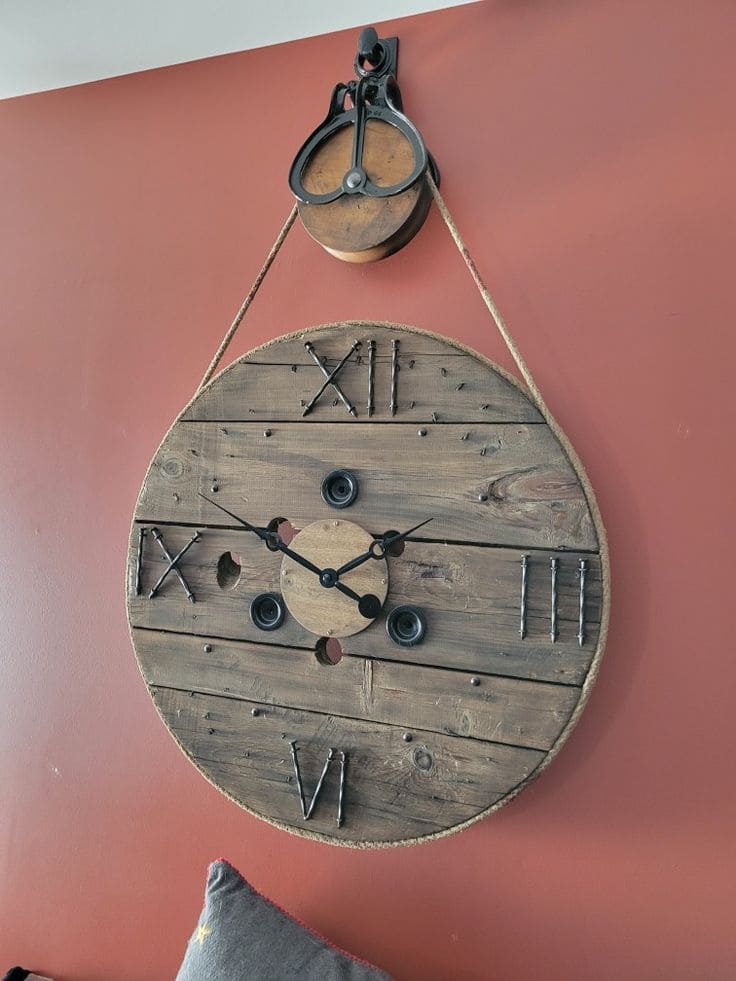 Rustic Pulley Hanging Wall Clock