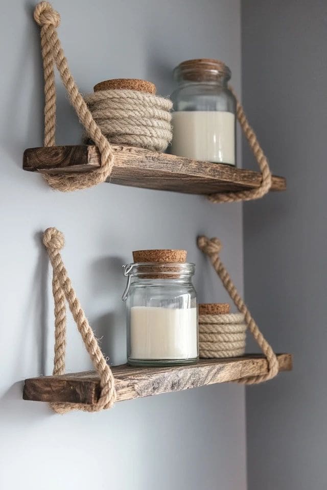 Rustic Rope-Hanging Wall Shelves