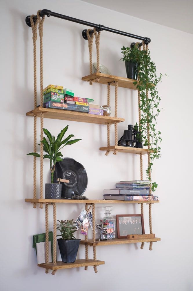 Rustic Rope-Supported Hanging Shelves