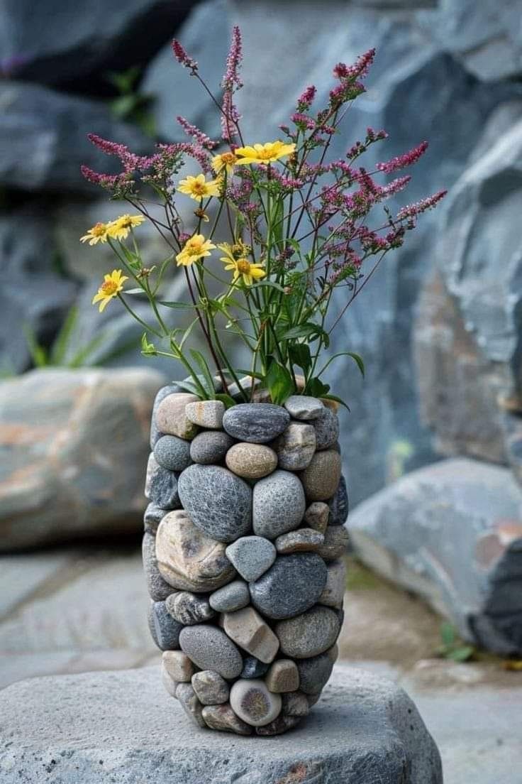 Rustic Stone-Embellished Flower Vase Delight