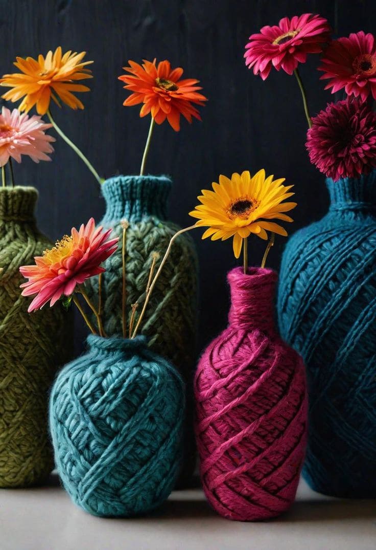 Vibrant Yarn-Wrapped Flower Vases