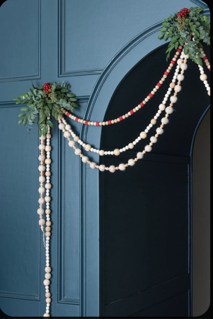 Wooden Bead Garland with Evergreen Accents