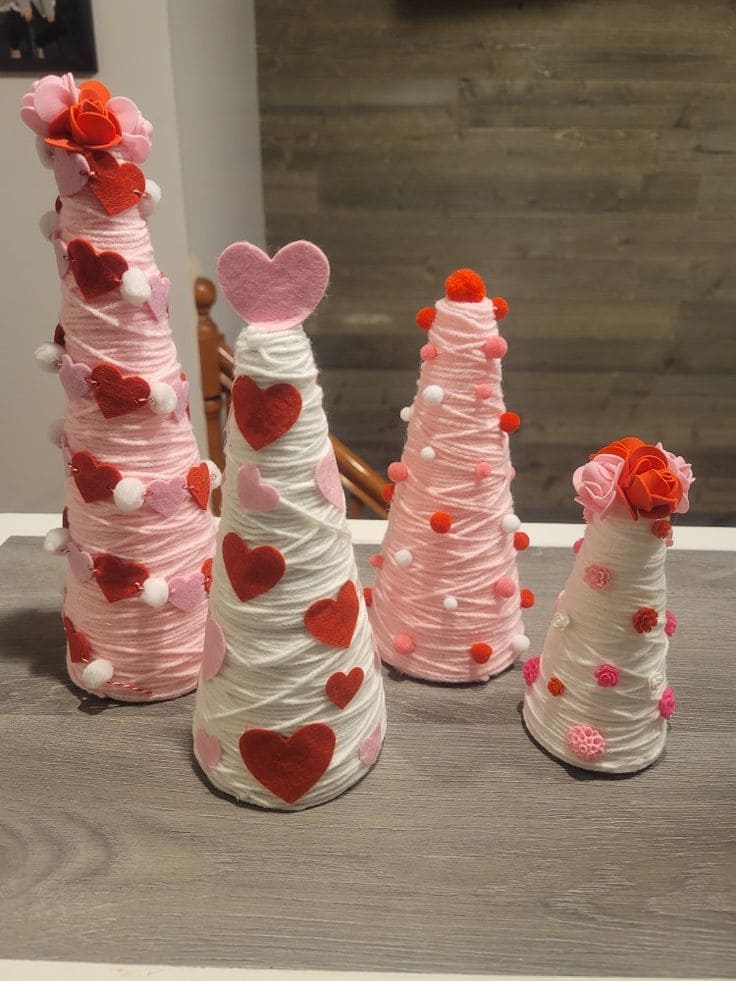 Yarn-Crafted Valentines Cone Trees