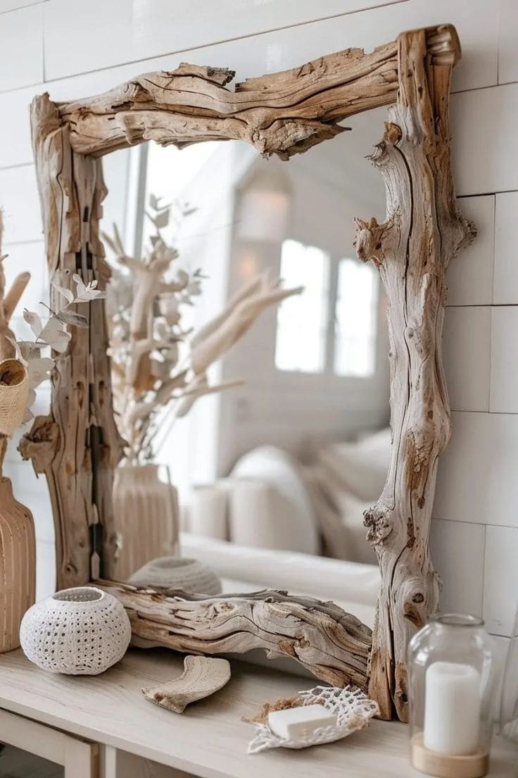 Rustic Driftwood Mirror Frame Elegance