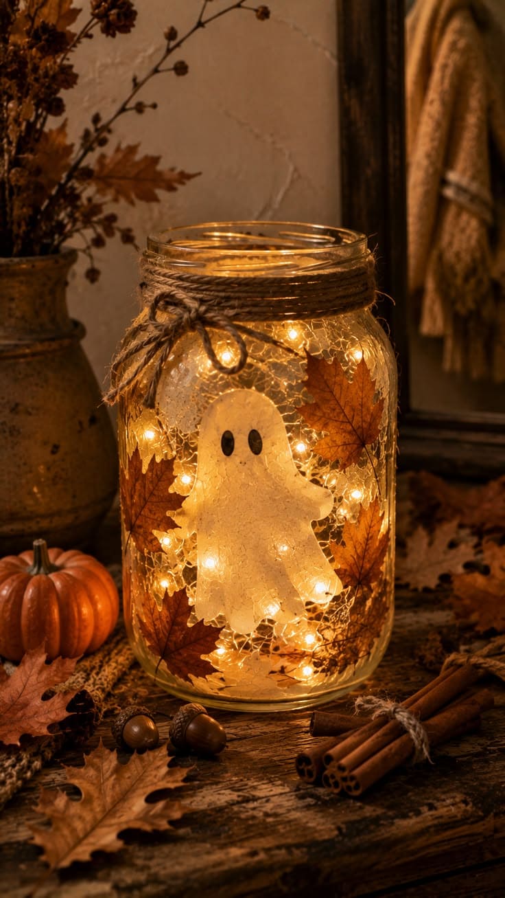 Glowing Ghost and Autumn Leaf Mason Jar