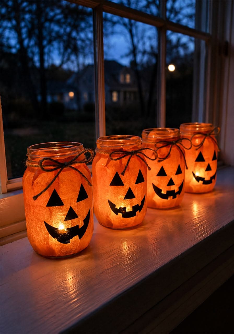 Glowing Jack-O’-Lantern Mason Jars