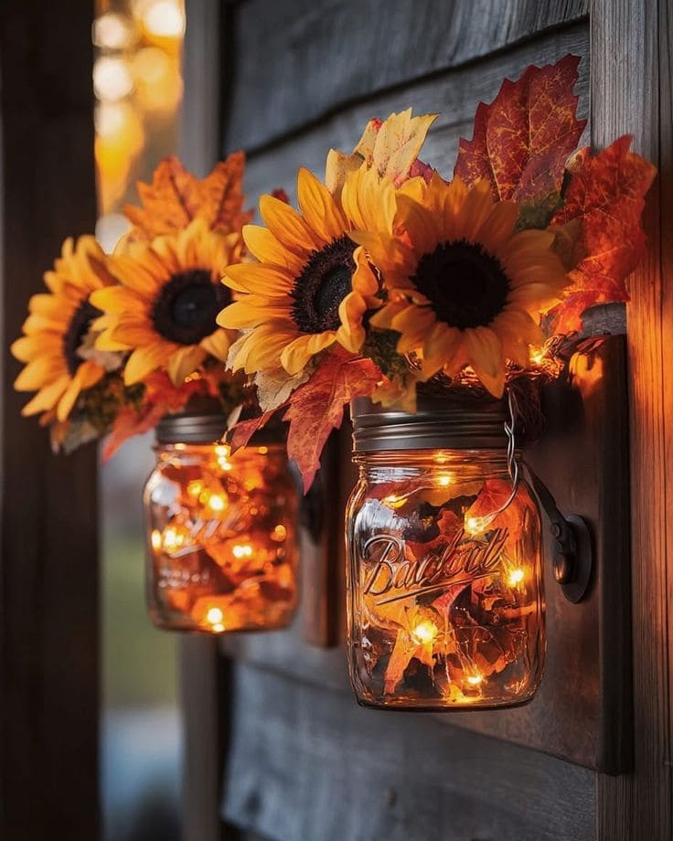 Glowing Sunflower Mason Jar Sconces