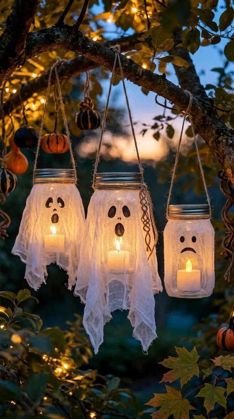Hanging Ghost Mason Jar Lanterns