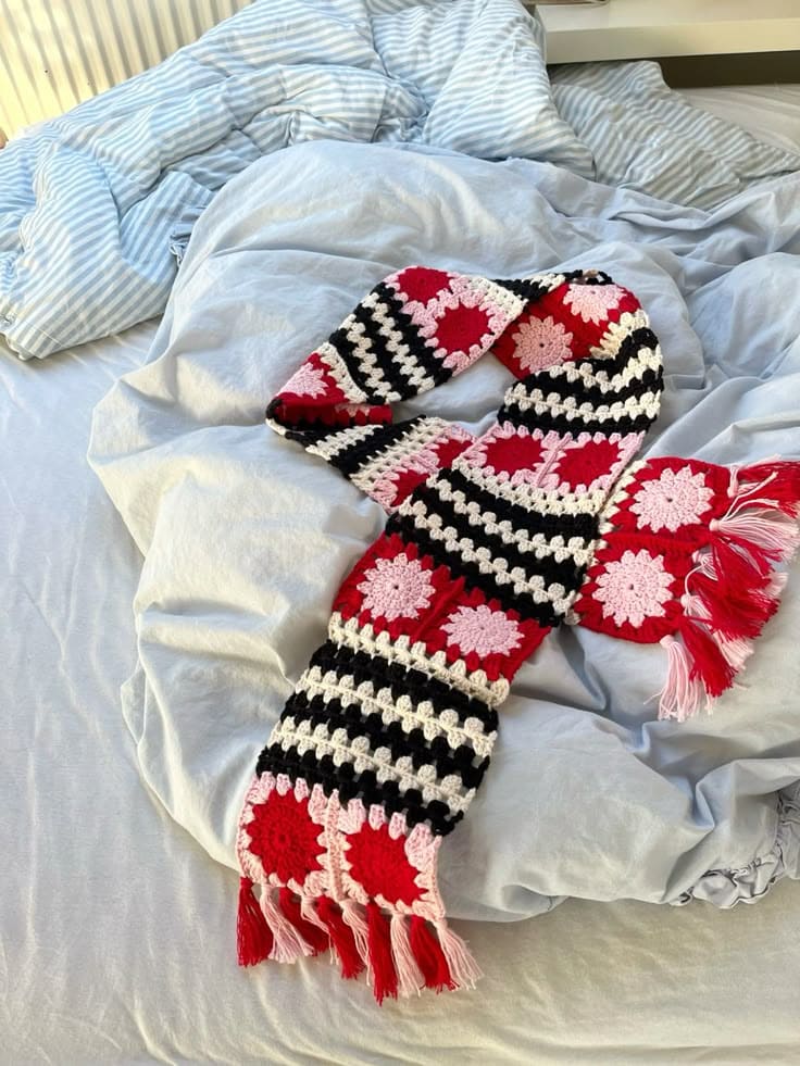 Retro Floral Patchwork Striped Scarf