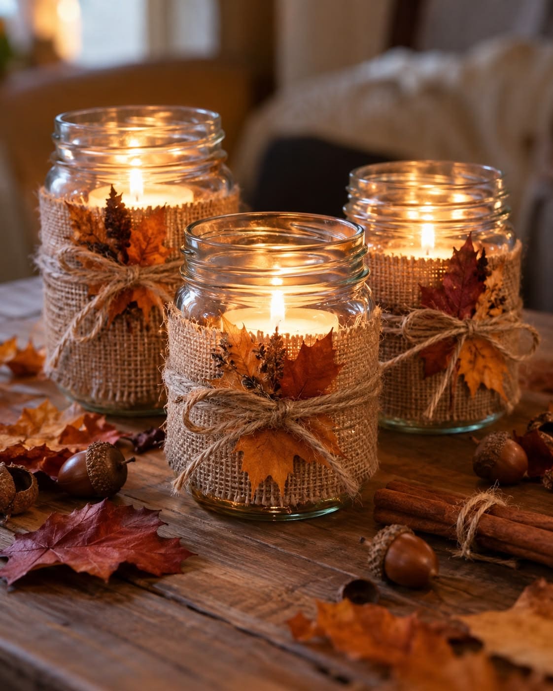 Rustic Burlap Fall Mason Jar Candles