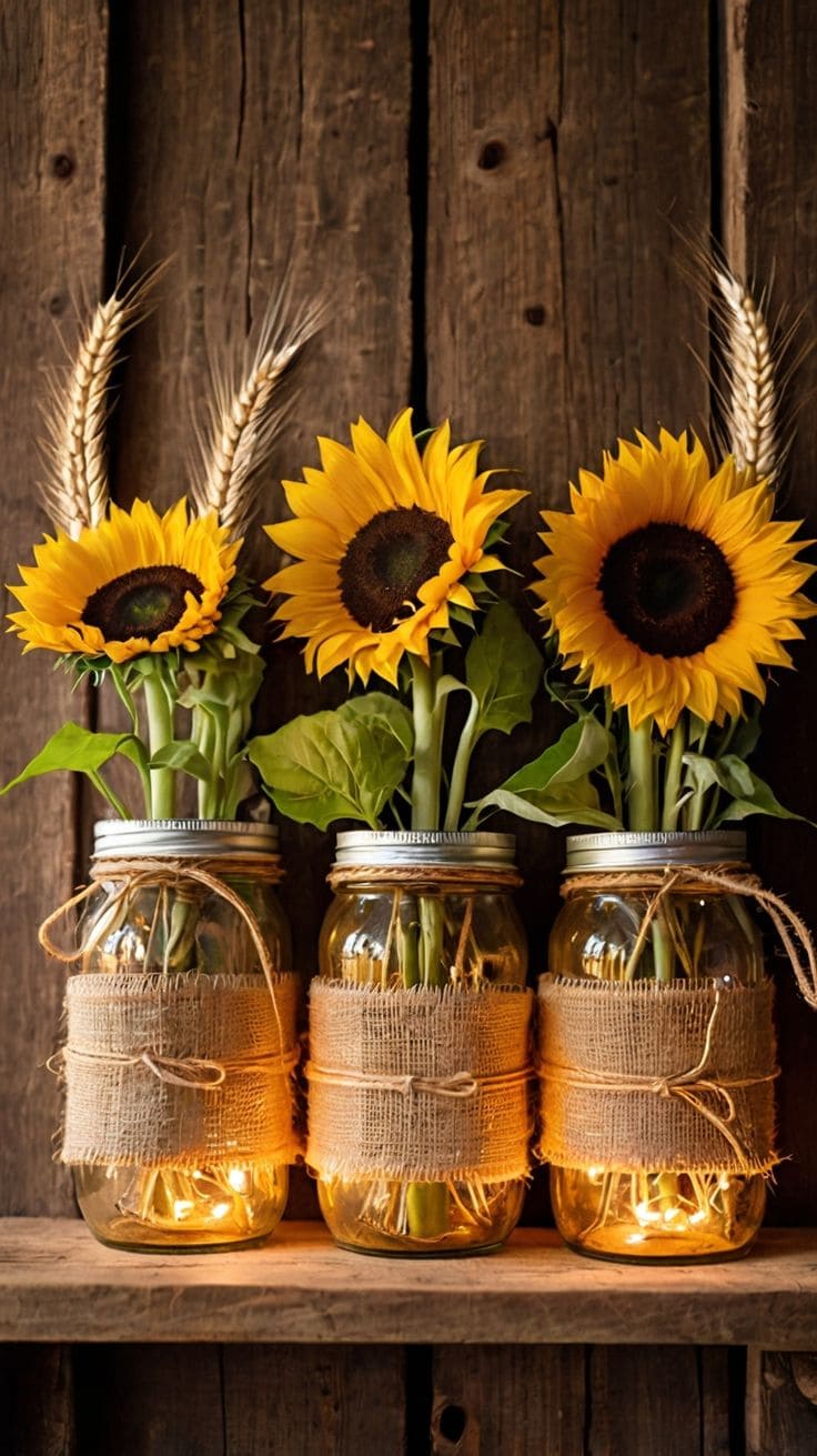 Rustic Sunflower Mason Jar Vases