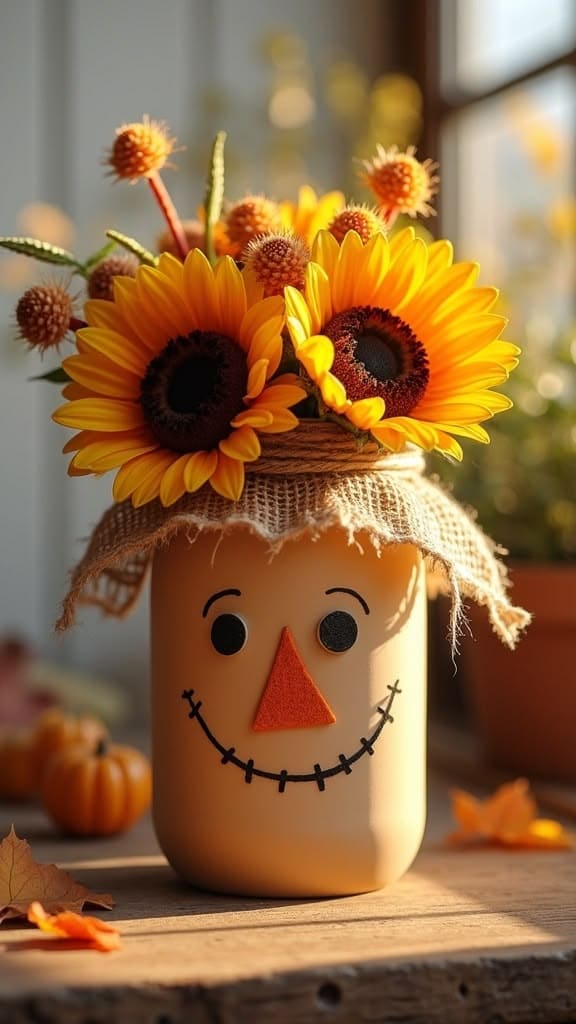 Sunflower Scarecrow Mason Jar Vase