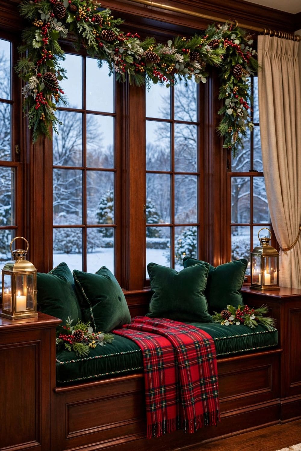 Velvet Window Seat Christmas Nook