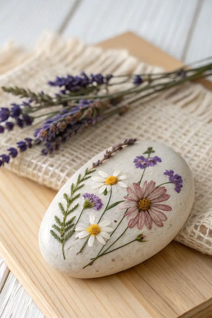 Delicate Pressed Flower Painted Stone