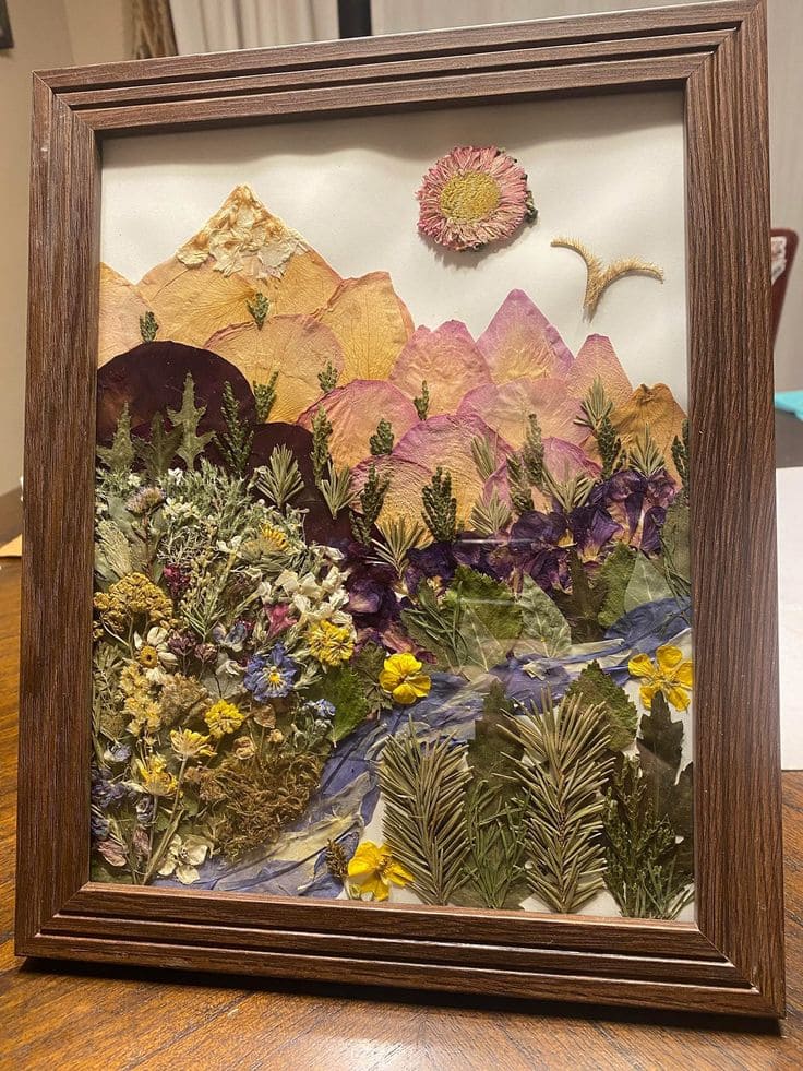 Framed Pressed Flower Mountain Landscape
