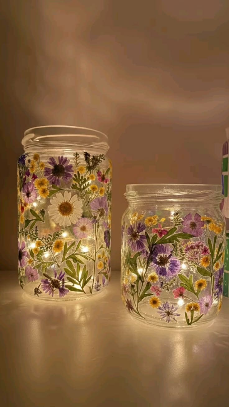 Glowing Pressed Flower Mason Jar Lanterns