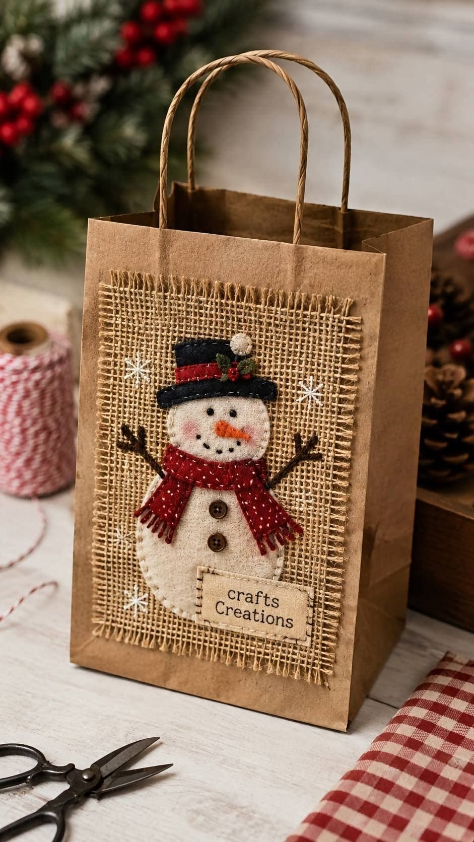 Rustic Burlap Snowman Gift Bag